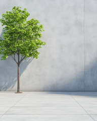 Obraz premium Green tree stands alone against a concrete wall in an outdoor urban setting