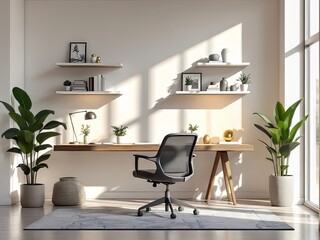 Sleek modern home office, AI-powered photorealistic render.