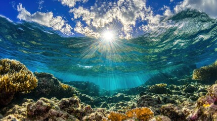 Underwater scene showcasing coral reefs with sunlight filtering through the water.