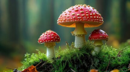 Vibrant red mushrooms with white spots growing in a lush, green forest setting.