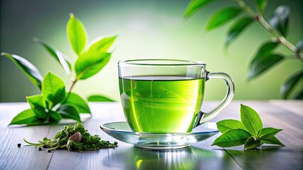 Refreshing Green Tea in Glass on White Background - Vibrant Beverage, Healthy Drink, Natural Ingredients, Aromatic Herbal Tea