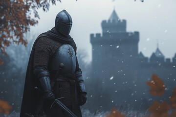 Fototapeta premium Armored Knight Standing Guard Before Imposing Medieval Castle on a Snowy Winter Day