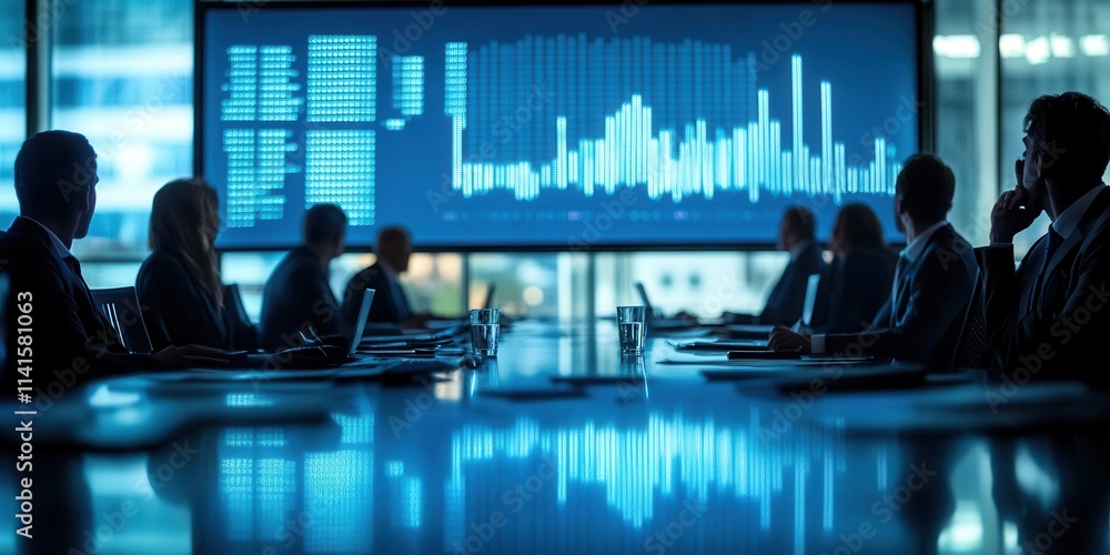 Aufkleber A group of professionals in a dimly lit conference room, analyzing data displayed on a large screen, with a focus on graphs and statistics.