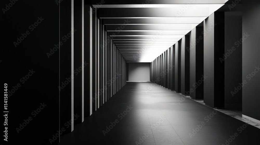 Poster a minimalist corridor with black walls and illuminated ceiling, suggesting depth and space.