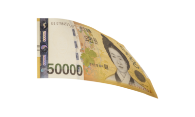 50000 South Korean won banknotes falling  isolated on white background, with clipping path
