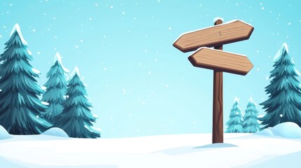 Fototapeta premium Snowy Winter Forest Path with Wooden Signpost