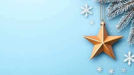 Fototapeta premium Gold Star Ornament Frosted Pine Snowflakes on Blue Christmas Background