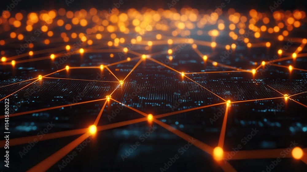 Poster A vibrant digital network connecting nodes with glowing orange lights, representing data flow and technological interaction in a modern, abstract setting.