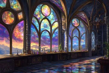 Obraz premium Enchanting Interior of a Fantastical Gothic Cathedral with Stained Glass Windows Illuminating the Mysterious Atmosphere