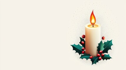 Christmas Candle with Holly Berries Festive Background
