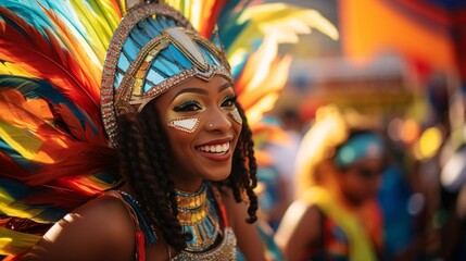 Obraz premium A vibrant carnival features joyful participants in dazzling costumes, elaborate floats, and enthusiastic crowds celebrating with music and dance.