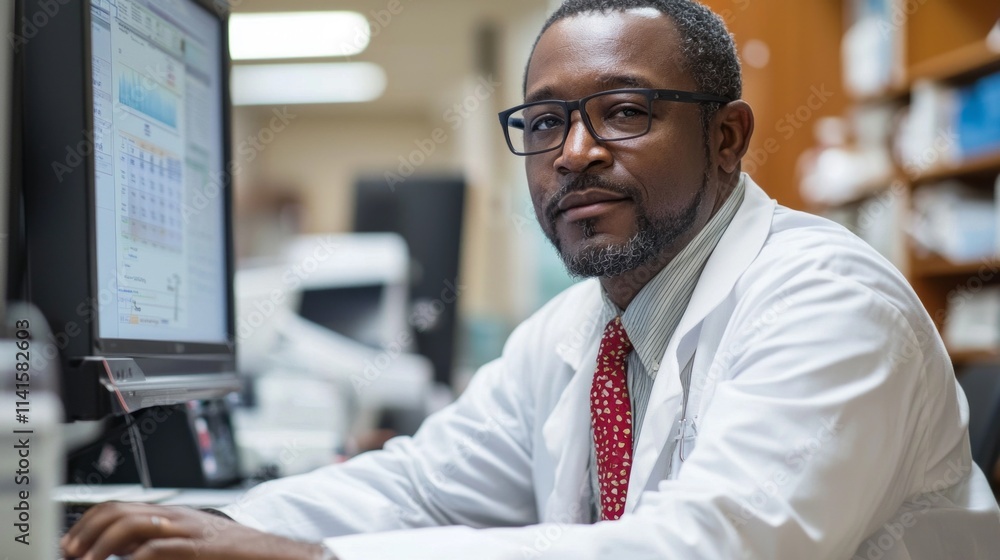 Poster a man wearing a white lab coat and red tie is sitting in front of a computer