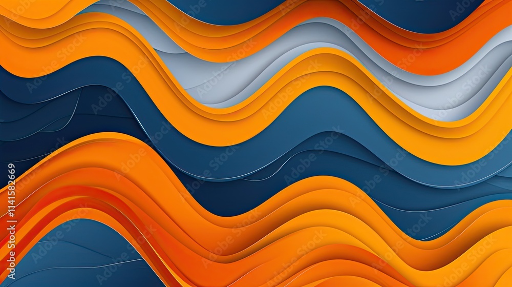 Poster abstract waves in vibrant orange, blue, and gray create a dynamic, layered visual effect.