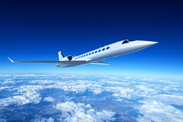 Fototapeta premium A sleek airplane glides effortlessly against a vibrant blue sky, accentuating the white fuselage amidst a limitless horizon.