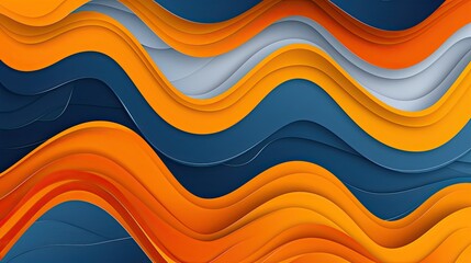 Abstract waves in vibrant orange, blue, and gray create a dynamic, layered visual effect.