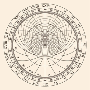 Diagram of an ancient astronomical instrument astrolabe for measuring horizontal angles and determining latitudes and longitudes of celestial bodies. Object isolated on beige background