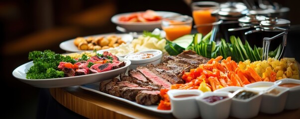 Indulge in a hearty meal spread featuring a perfectly cooked steak and delicious sides for a satisfying feast.