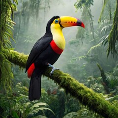 A bright toucan with a large, vivid beak sitting on a moss-covered branch in a misty rainforest, surrounded by soft green foliage,Generative Ai
