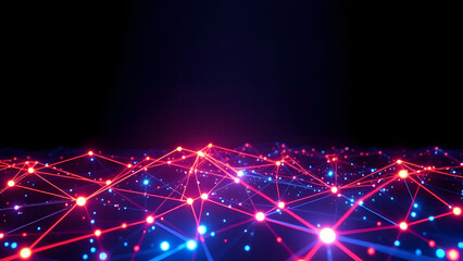 Fototapeta premium Network Connections: Abstract digital landscape of glowing red and blue nodes connected by lines, symbolizing global network, data flow, and technological advancement.