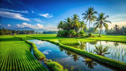 Serene Paddy Fields in Palakkad, Kerala - Minimalist Rural Landscape of Lush Green Rice Fields and Tranquil Farmland in South India