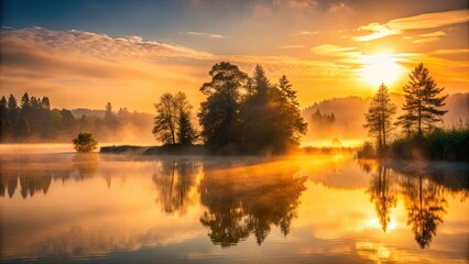 Obraz premium Serene Sunrise Over Foggy Lake - Tranquil Morning Landscape Photography with Mist and Reflection