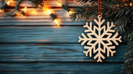Christmas Snowflake Ornament on Rustic Wood Background with Lights