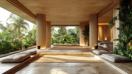 Obraz premium Modern Tranquil Interior with Natural Light and Lush Greenery in a Stylish Tropical Living Space for Serenity and Relaxation