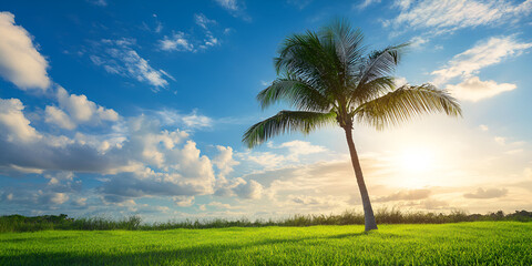 Obraz premium Palm Tree in a Sunny Field Under Blue Sky with Sunlight