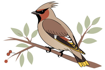Bohemian Waxwing bird sitting on a single branch
