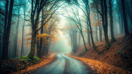 Obraz premium Spooky Dark Autumn Landscape with a Serene Road Through a Foggy Forest - Perfect for Halloween and Fall Themes