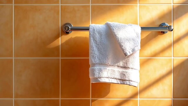 White towel hanging on a silver rack against a warm tiled wall.