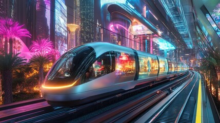 Fototapeta premium A futuristic train gliding through a city of glass towers with vibrant lights and digital projections.