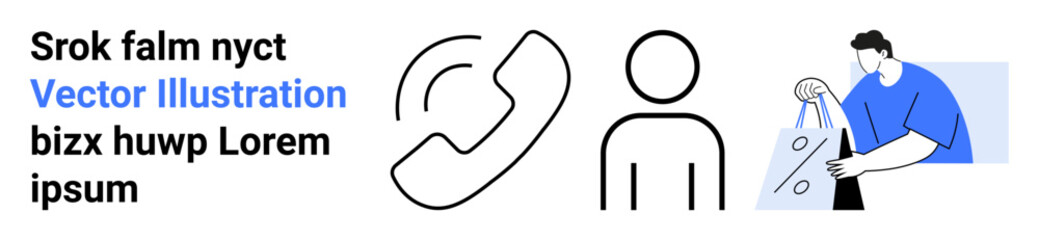Phone icon, user profile icon, and graphic of a man carrying shopping bags. Ideal for customer support, communication, user identity, online shopping, retail, business services contact us pages