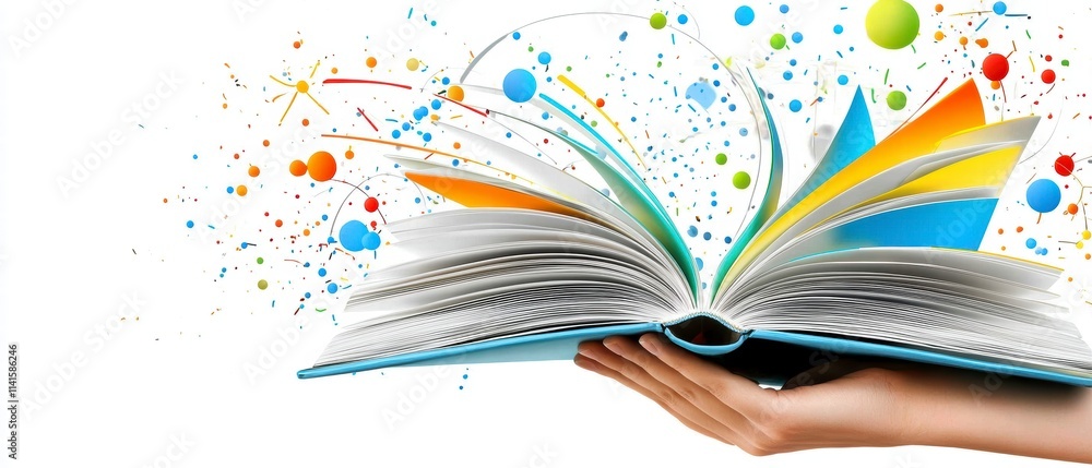 Poster open book with colorful abstract splashes.