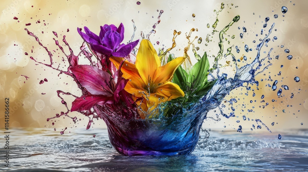 Poster vibrant flower splashing in water nature scene colorful composition outdoor setting close-up view ar