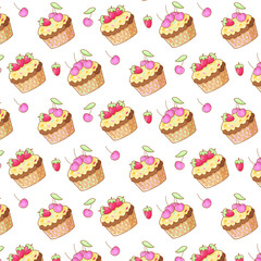 Vector seamless pattern with a pattern of cupcakes, strawberries and cherries.