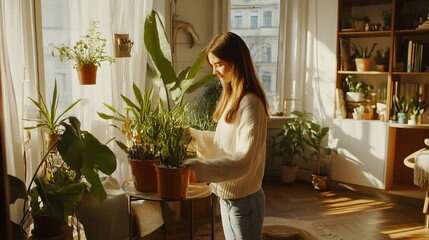young woman watering her indoor plants in a bright living room 