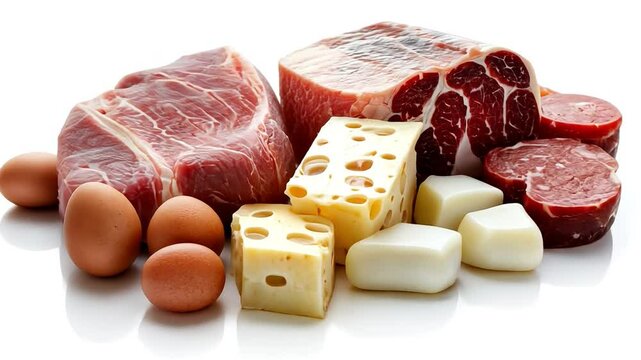 Essential Food Group: A close-up shot of a diverse selection of essential food group items, including eggs, cheese, and various cuts of meat. This image is perfect for illustrating healthy eating.