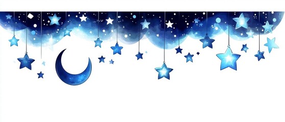 Watercolor Night Sky with Hanging Stars and Moon.