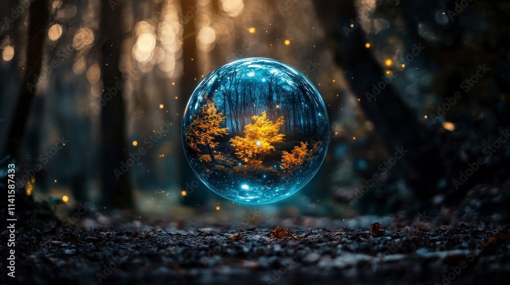 Poster a floating orb shifting through time and space enchanted forest digital art mystical environment sur