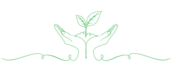 World Environment Day line art style. hand with growing plant in simple linear style. Line vector elements