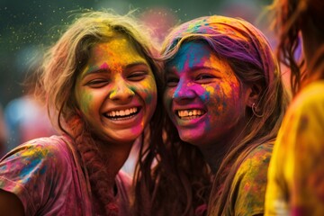 Obraz premium The Holi celebration features people joyously throwing vibrant powders into the air, their smiles reflecting the unity and spirit of this festive occasion.