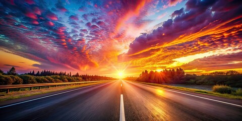 Sun-kissed Highway Adventure with Optical Illusion of Merging Roads and Skies in Bokeh Effect for High-Speed Journey Photography
