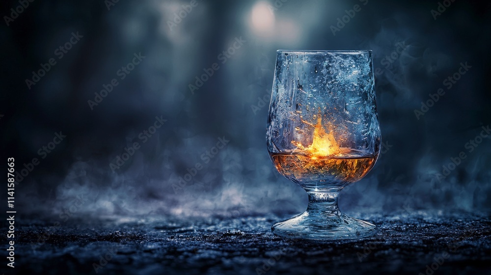Poster glowing liquid in fragile glass mysterious setting stunning photograph dark environment close-up vie