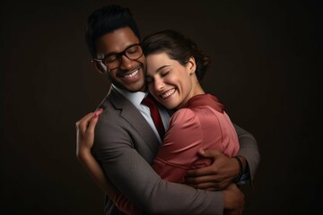Obraz premium This image captures a diverse group of individuals joyfully embracing, highlighting themes of love and connection in a professional studio environment, perfect for Heart Day.