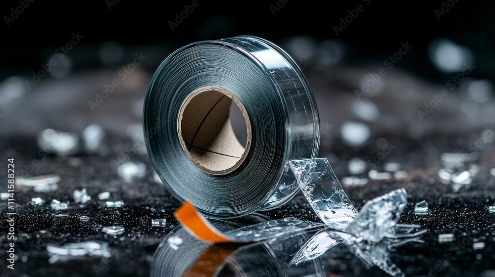 Poster unspooling clear tape on shattered glass surface close-up shot artistic exploration dark background 