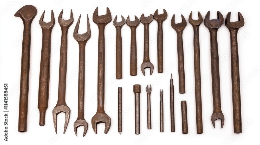 Poster a collection of various metal wrenches arranged neatly, showcasing different sizes and styles used f