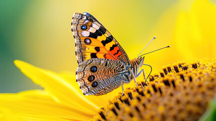 spotted butterfly resting on a bright yellow sunflower with smooth green background