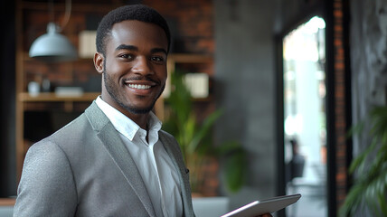 Happy African American Businessman Using Tablet
