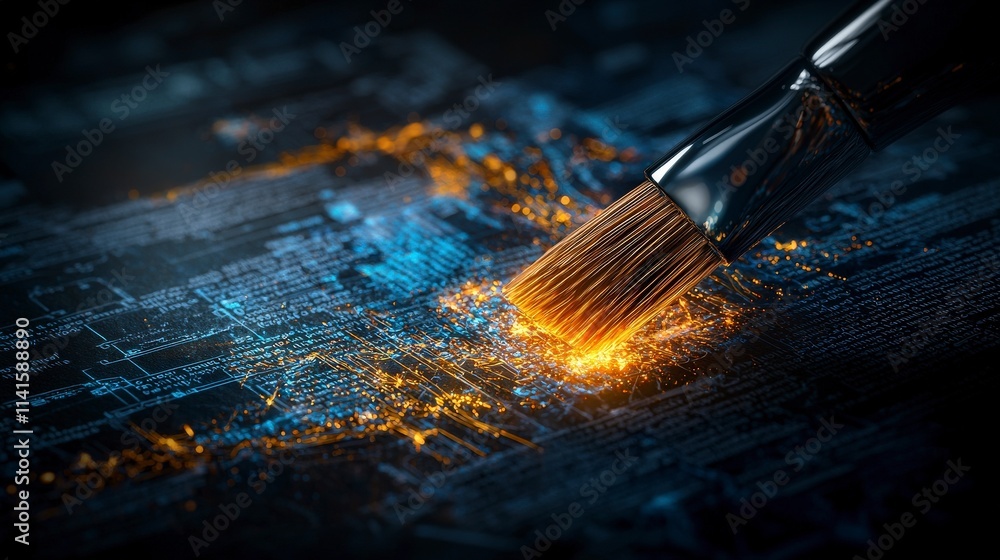 Poster surreal brush applying glowing layer over document abstract art digital environment creative concept